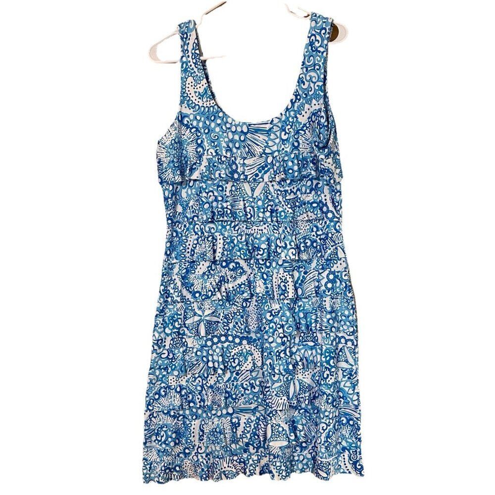 Mango Tango Woman L  Blue Tropical Tiered Ruffle Tank Dress Stretch Sleeveless